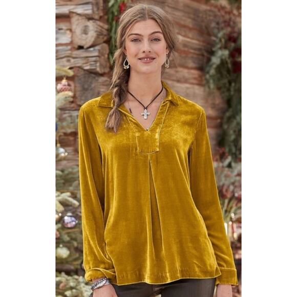Sundance Velvet Silk Blend Tunic Top XS Gold Mustard Long Sleeve Boho Luxe - Picture 7 of 7
